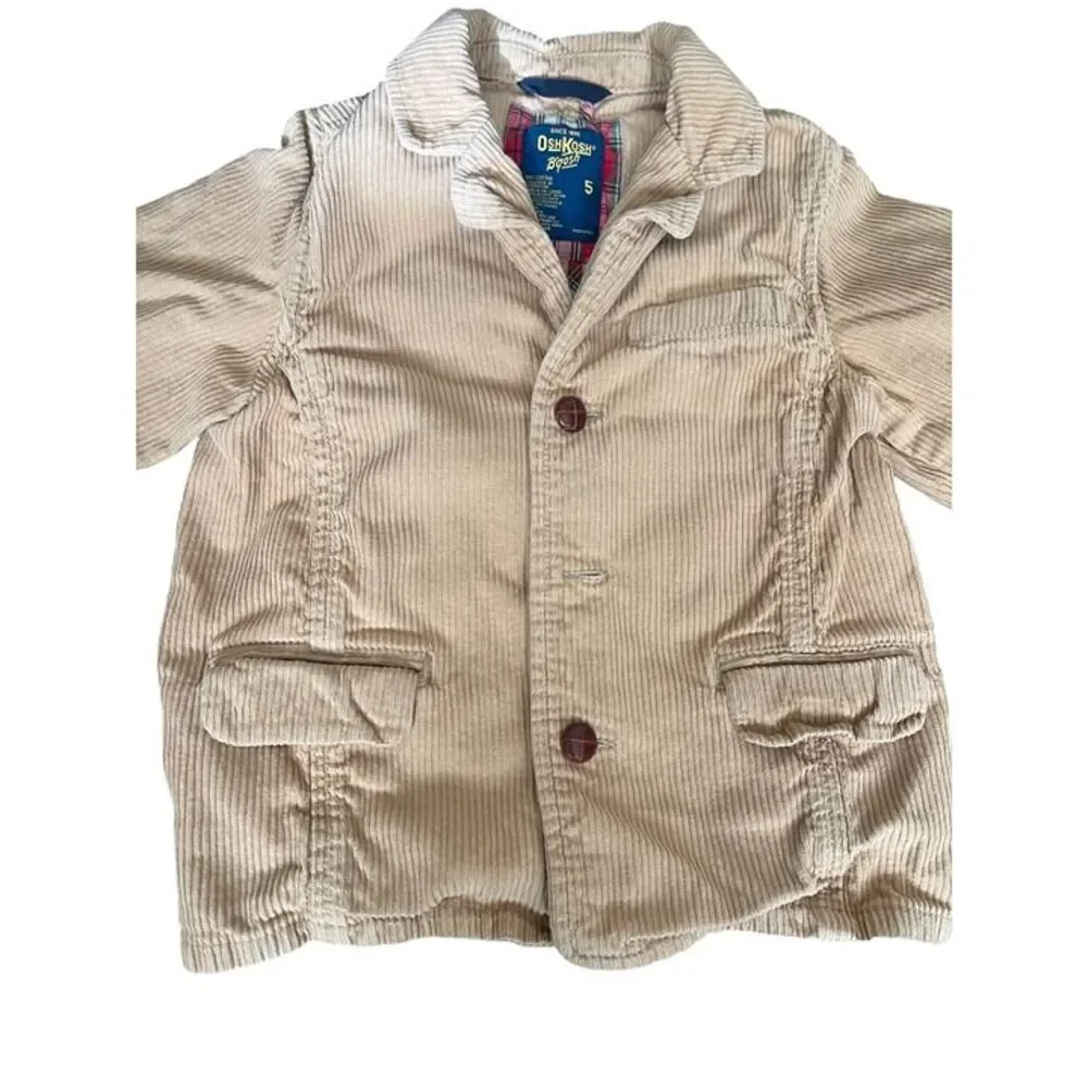 Oshkosh BGosh Boys Corduroy Jacket Size 5 Tan With Plaid Lining & Button Closure